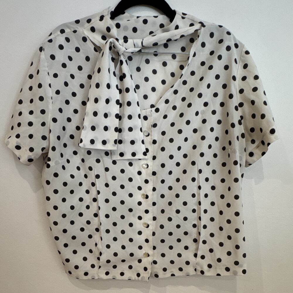 White Black Polka Dot Woven V-Neck Short Sleeve Button Tie Blouse Maternity S